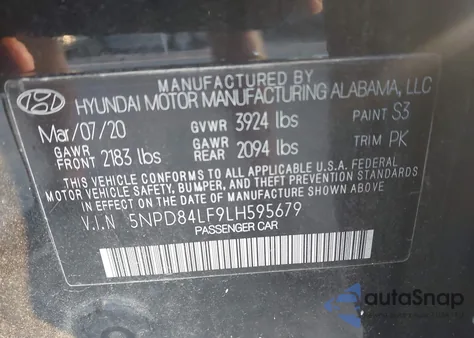 2020 Hyundai Elantra Sel/Value/Limited z USA, uszkodzony, nr VIN 5NPD84LF9LH595679